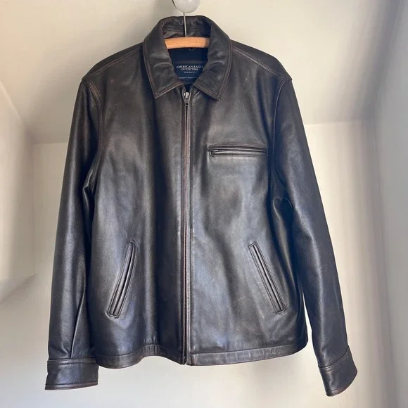 Vintage Brown Leather Bomber Jacket Faded Distressed Oversized Full Zip